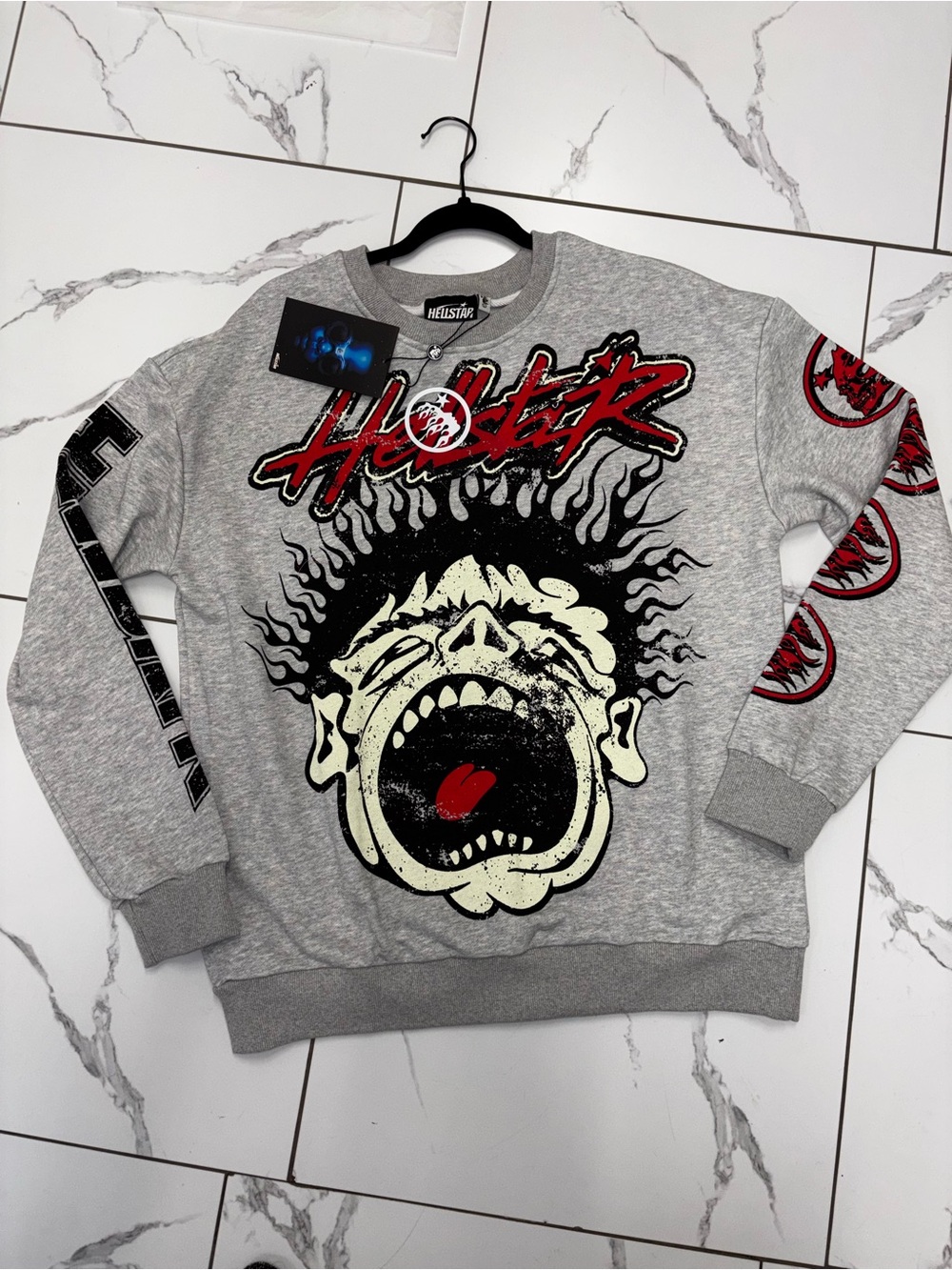 Gray Graphic Crewneck Sweatshirt with Screaming Face